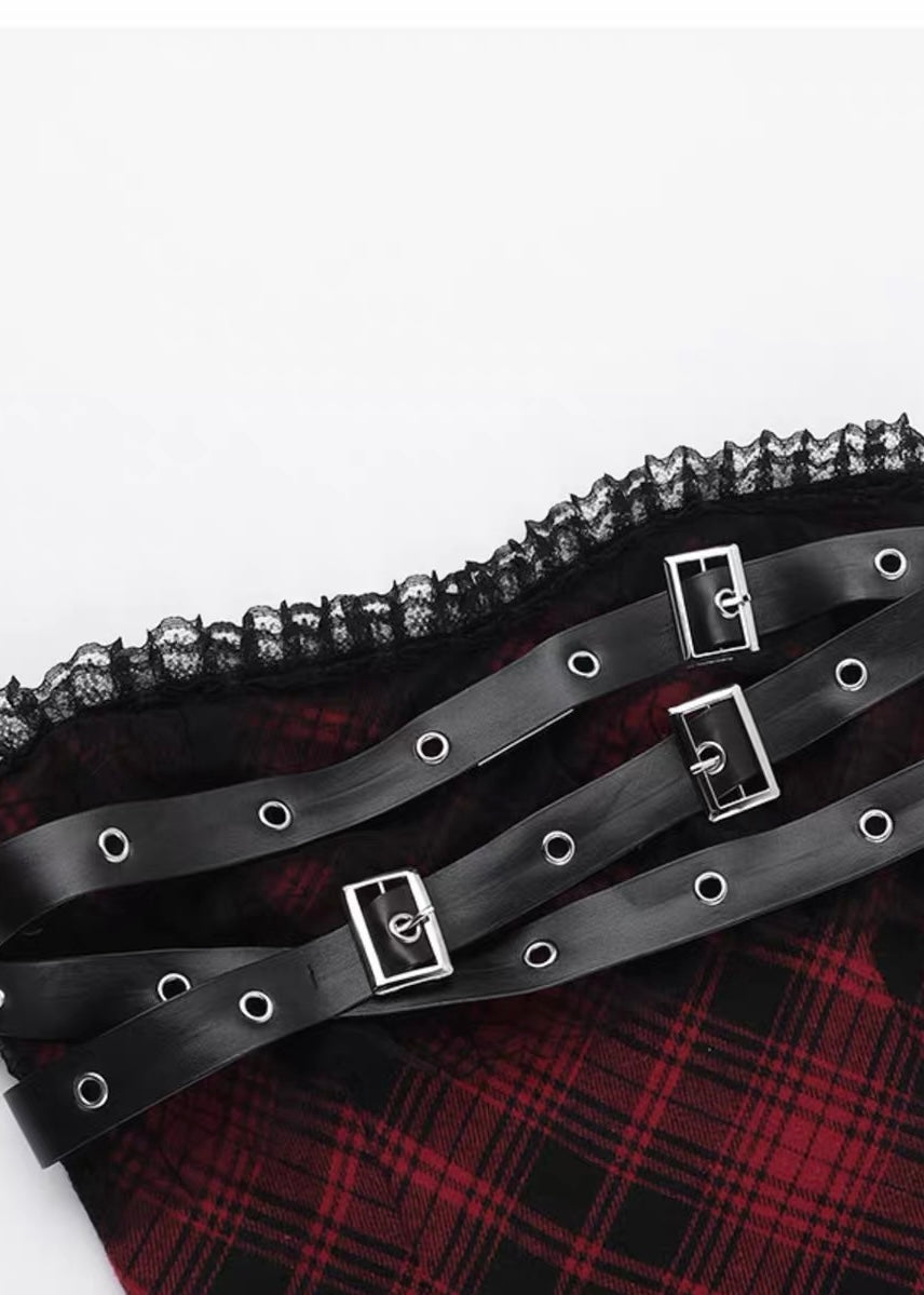 GOTHIC PLAID BUCKLE ASYMMETRIC MINI ONEPIECE / LG1686