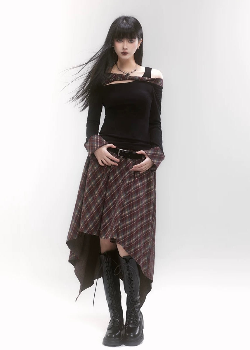 off shoulder check top ＆ unbalanced check skirt / LG1189