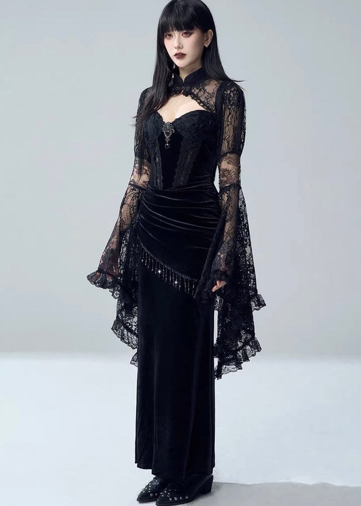 VELVET LACE DRAPE DRESS / LACE BELL SLEEVE BOLERO / LG1731