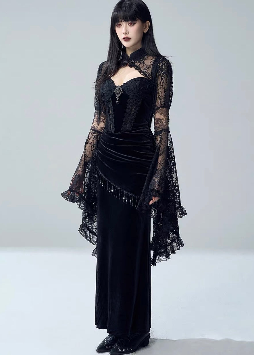 VELVET LACE DRAPE DRESS / LACE BELL SLEEVE BOLERO / LG1731