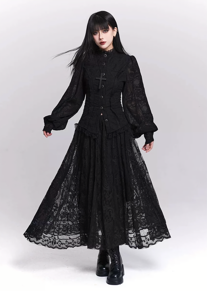 Black Jacquard Waist-Shaped Shirt / LG1520