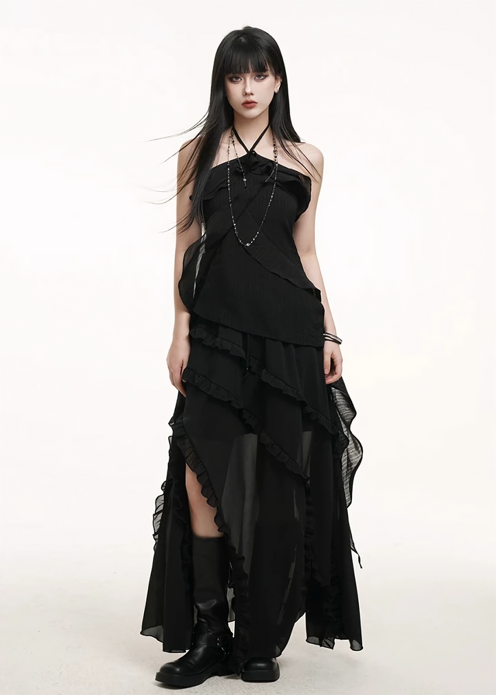 Halter neck suspender top &amp;amp; irregular hem long skirt / lg1264 