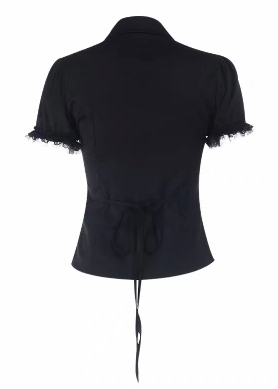 Lace-trimmed puff sleeve shirt / LG1301 