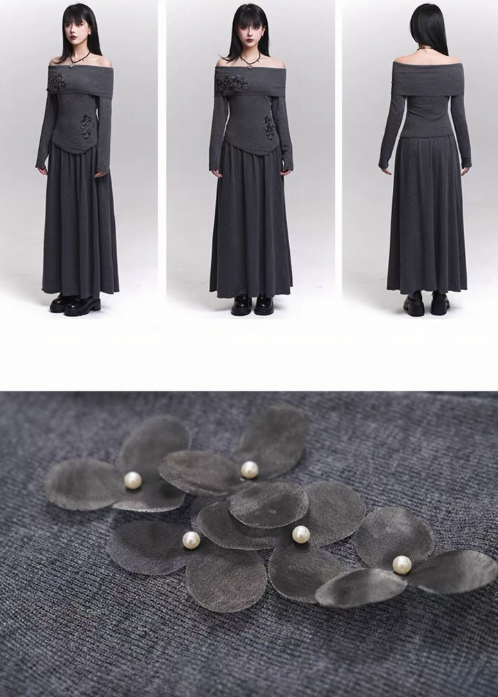 OFF-SHOULDER PETAL-APPLIQUÉ LONG ONE-PIECE / LG1459