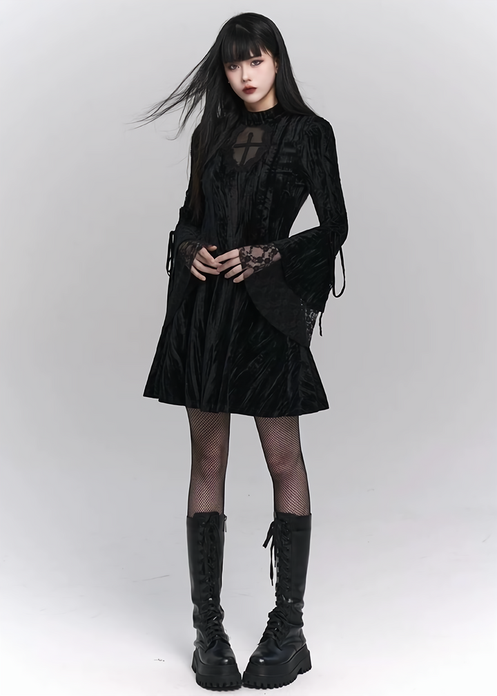 【당일 배송】goth velvet lacing mini dress/lg1139 