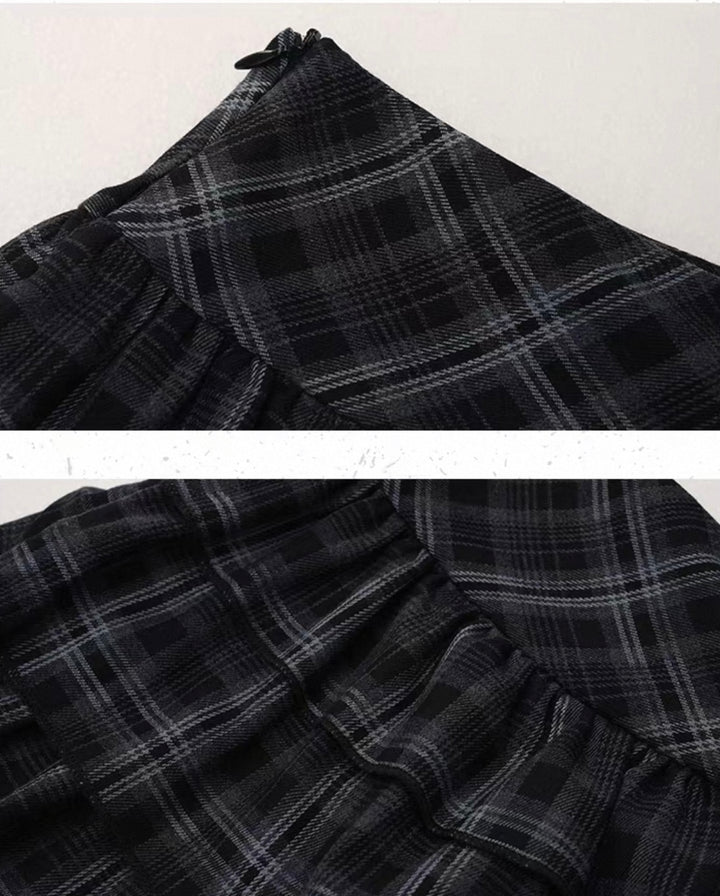 Dark Check Tiered Mini Skirt / lg1375