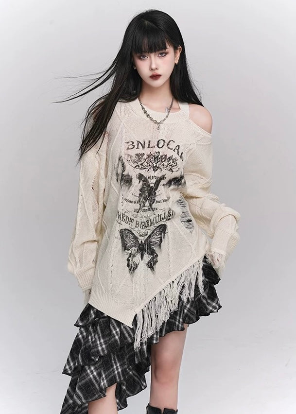 butterfly grunge front design fully distressed knit / LG1169 