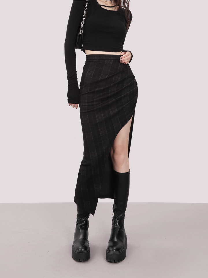 Irregular black check calf length skirt/mu1103