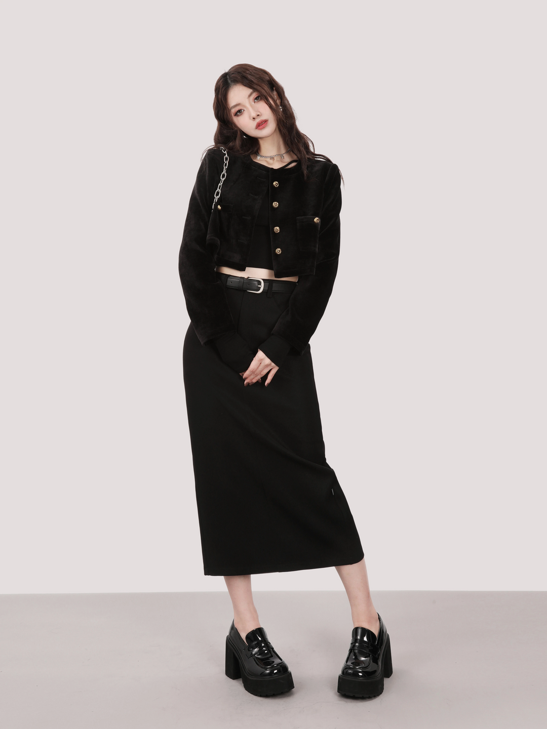 high waist one stop long skirt/mu1107