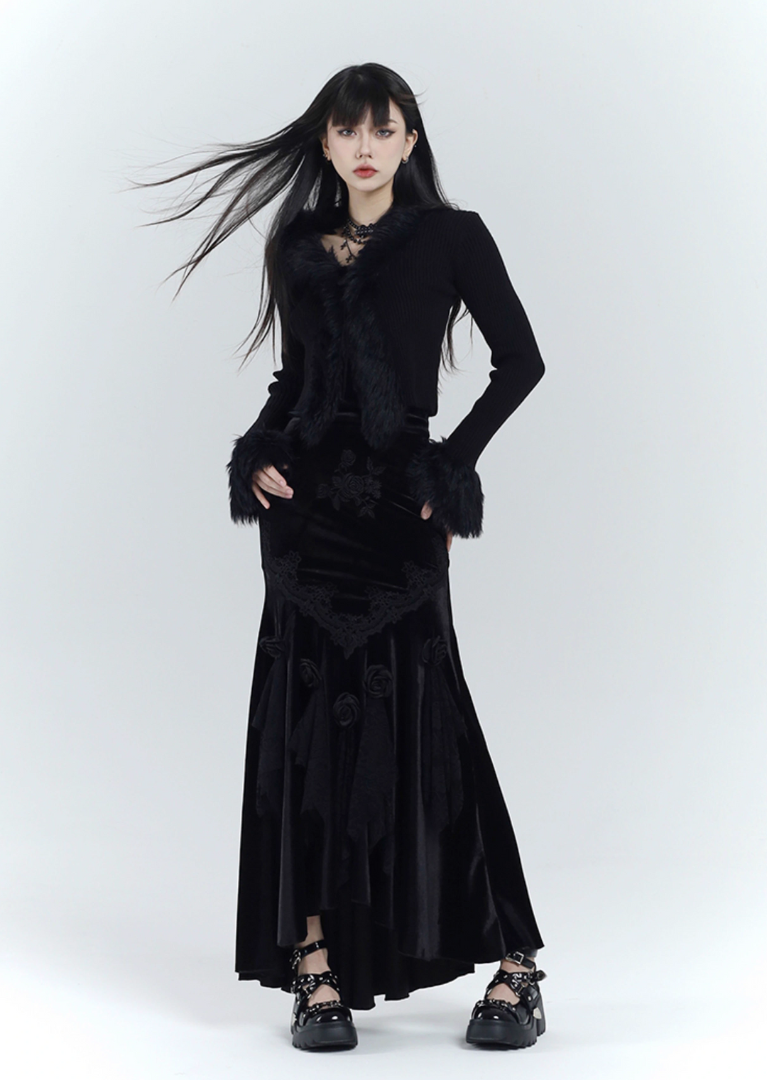 【당일 배송】black velvet mermaid skirt/lg1126