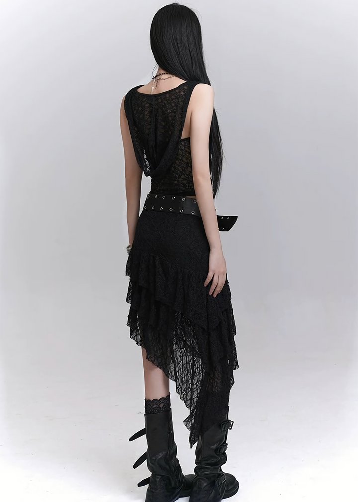 Sheer gathered hood cami &amp;amp; layered chiffon long skirt / lg1315 