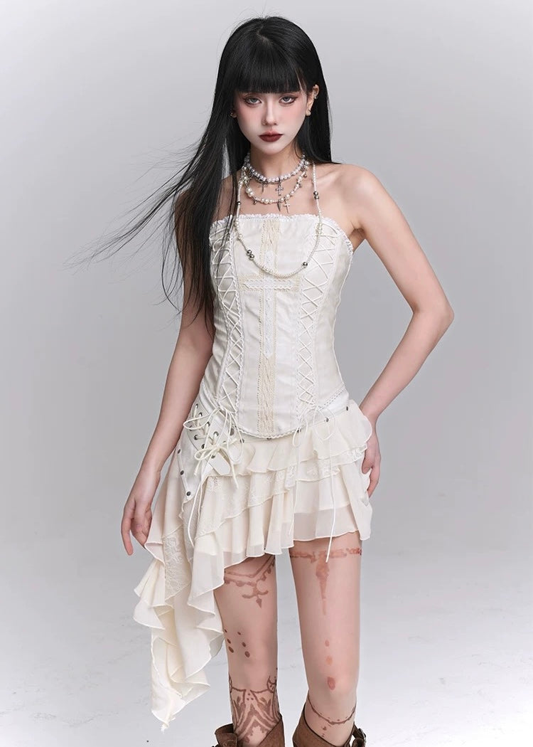 white cross tube top & lace irregular skirt / LG1240