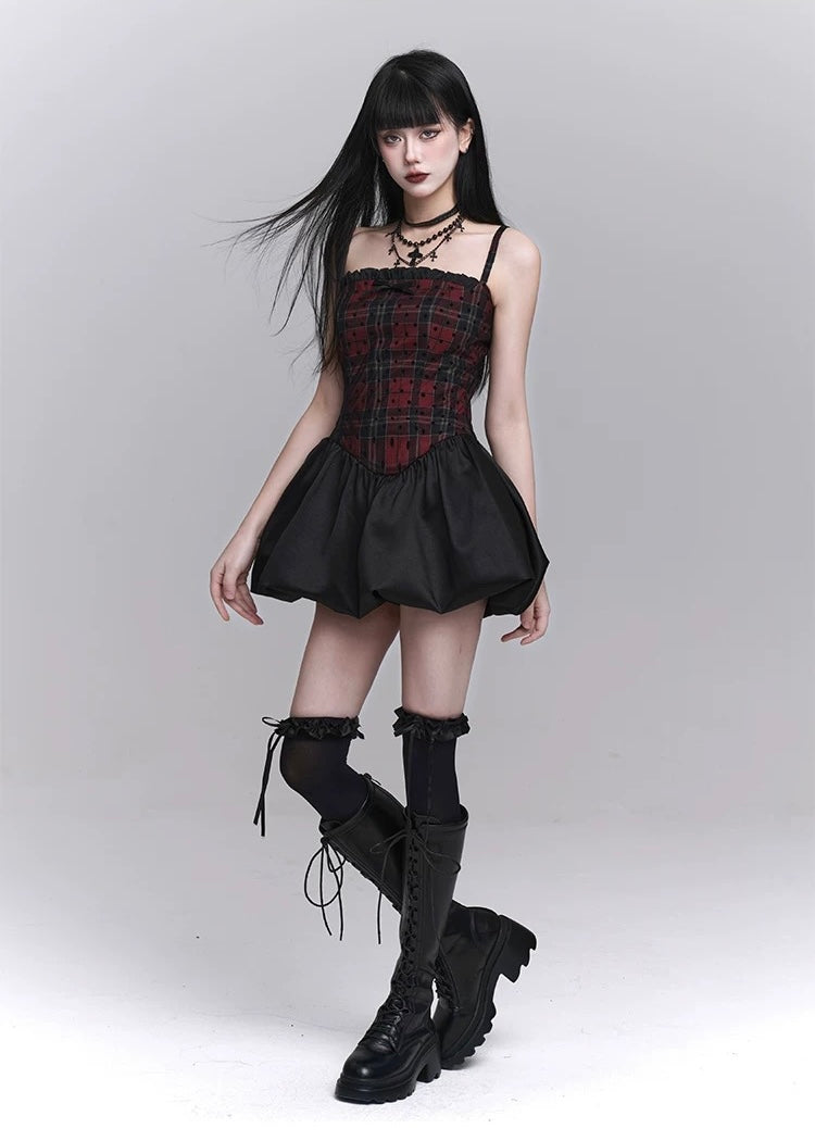 checkered suspender short dress / LG1246