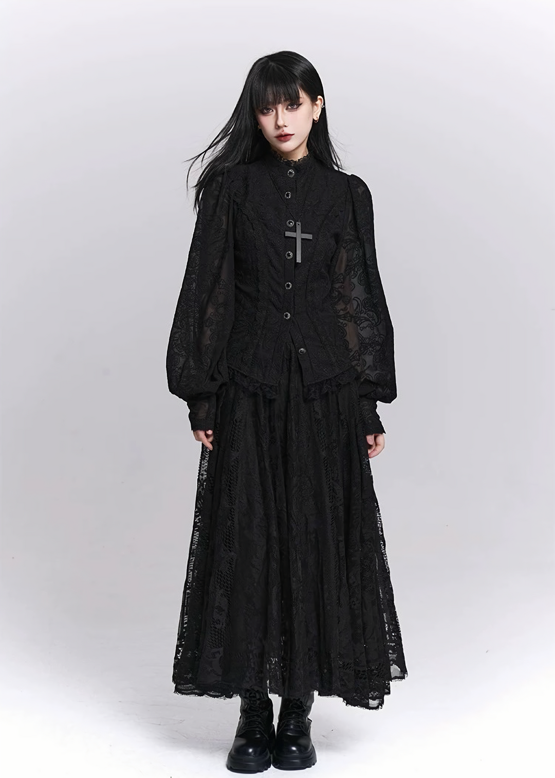 Black Lace A-Line Pleated Long Skirt / LG1522