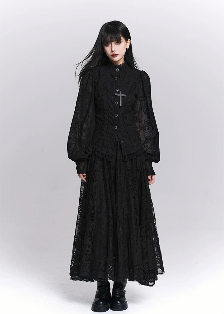 Black Lace A-Line Pleated Long Skirt / LG1522