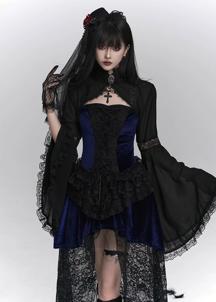 NIGHT ROSE LACE CARDIGAN & VELVET SHADOW GOTHIC DRESS / LG1407