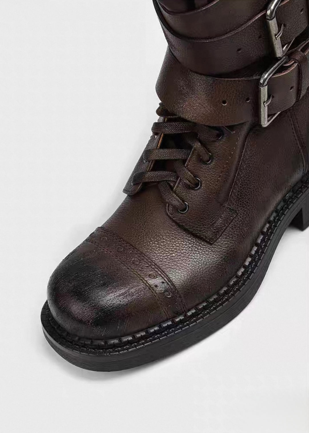 Double belt high-top lace-up boots / v1152