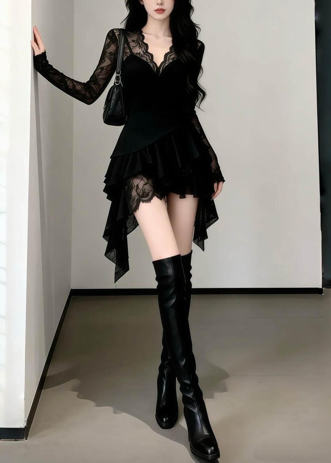 LACE GOTHIC DRAPE MINI DRESS / LG1606