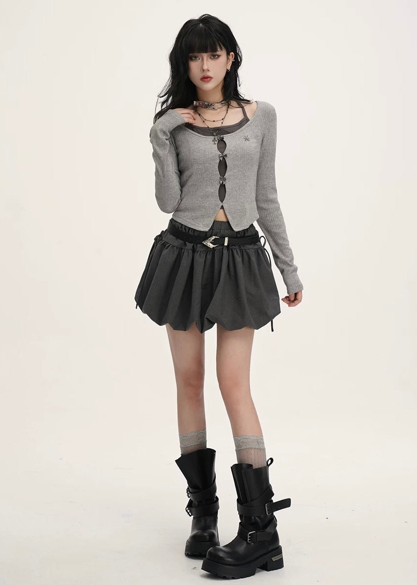 【新品未使用】S layered balloon skirt gry×wh THEREDTHREAD / ザレッドスレッド】S layered balloon skirt