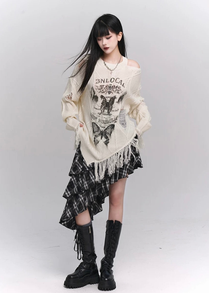 butterfly grunge front design fully distressed knit / LG1169