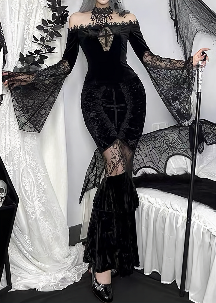 OFF SHOULDER LACE TOP &amp; CROSS MERMAID SKIRT / LG1712