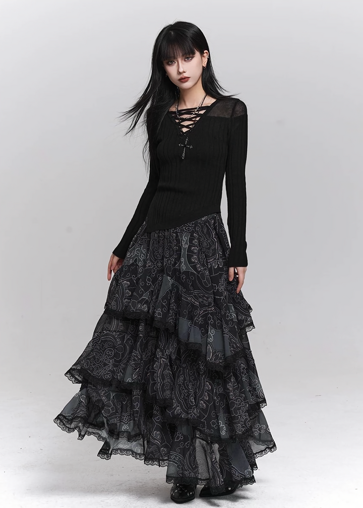 PAISLEY TIERED MIDI SKIRT / LG1499