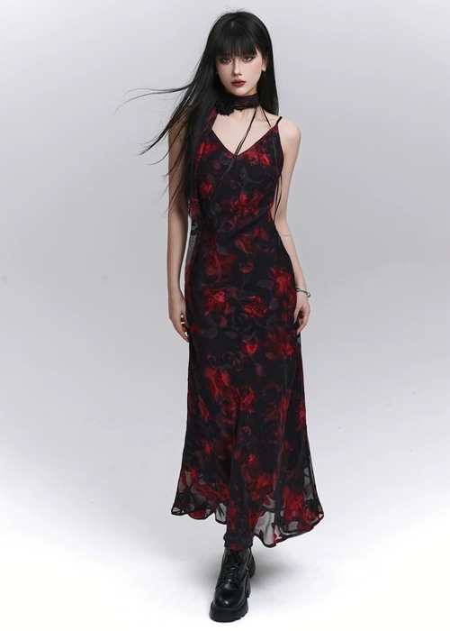 Dark Flower Long Cami Dress / lg1273