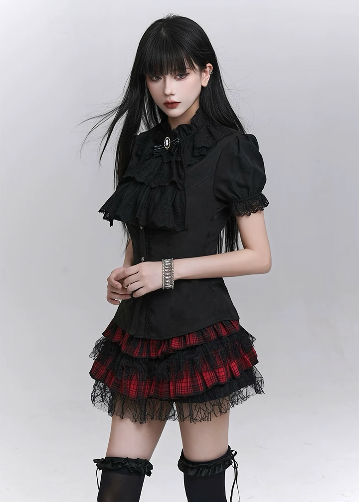 Lace-trimmed puff sleeve shirt / LG1301 