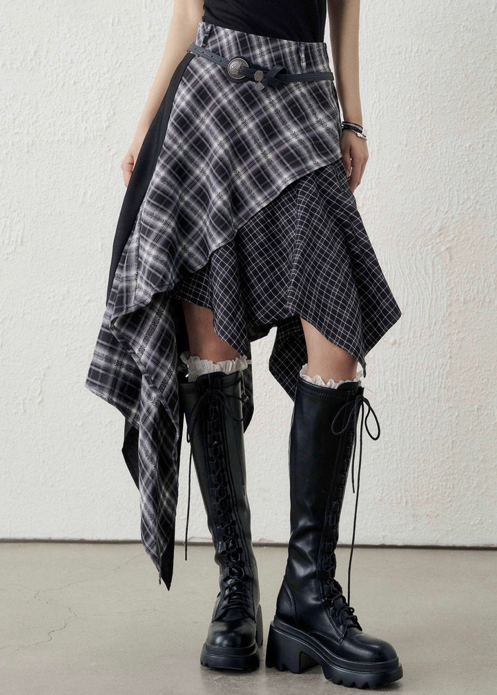 ASYMMETRY CHECK DRAPE SKIRT / LG1593