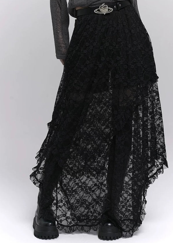 black lace irregular long skirt / LG1199