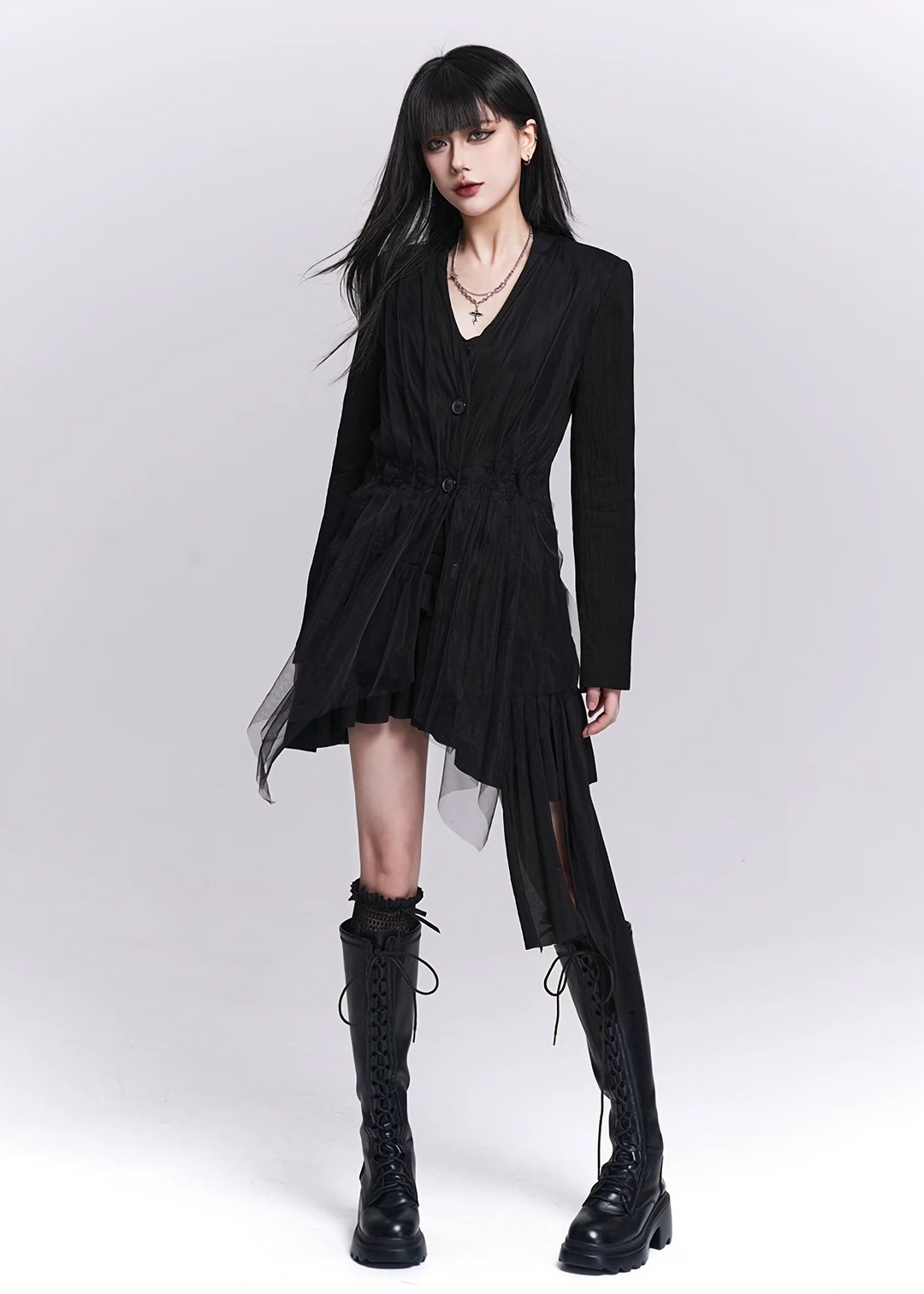 Sheer Pleats Layered Long Shirt / LG1517