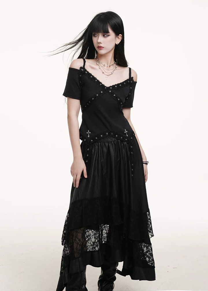 Off-the-shoulder cross rivet top &amp;amp; Lace Patchwork Solid Color Skirts / lg1254 