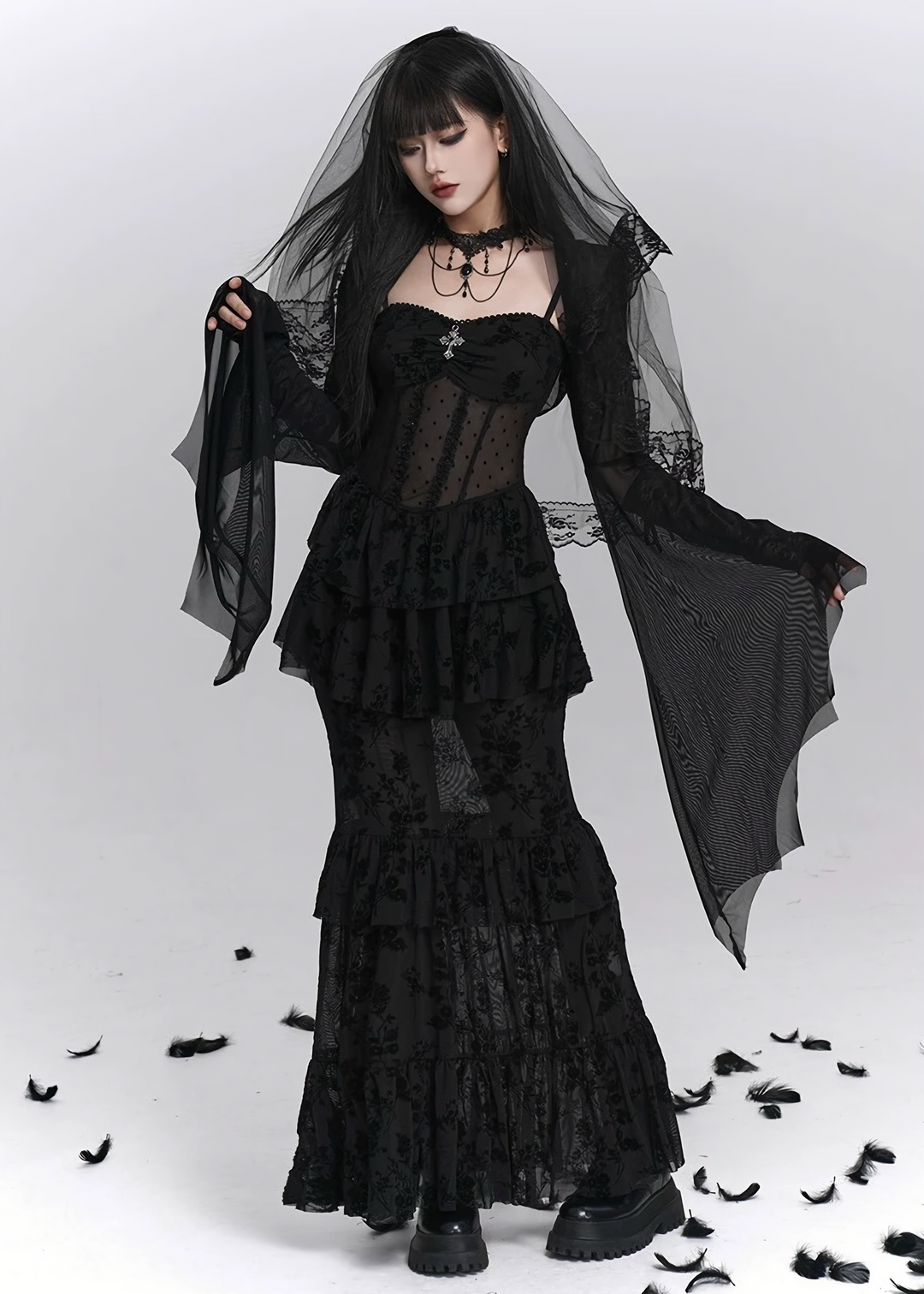 Nocturne Frill Dress & Shadow Sheer Cardigan / LG1408