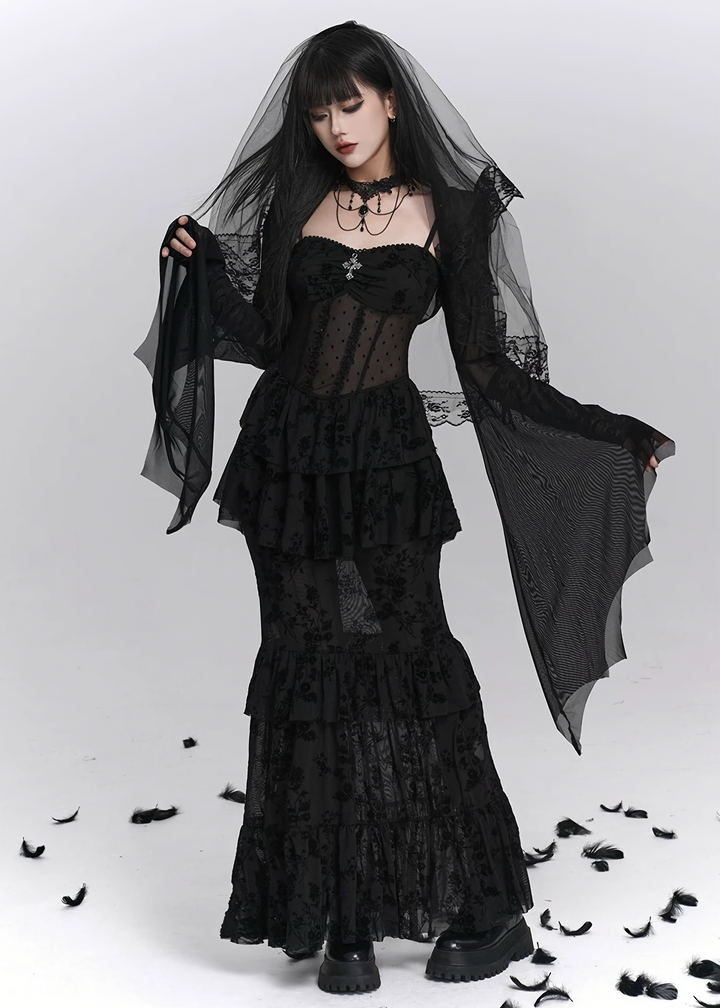 Nocturne Frill Dress & Shadow Sheer Cardigan / LG1408
