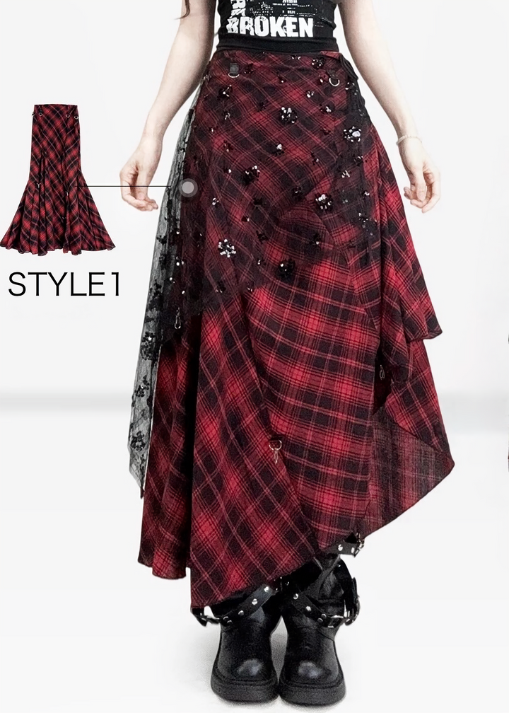 RED CHECK ASYMMETRY LAYERED SKIRT / LG1572
