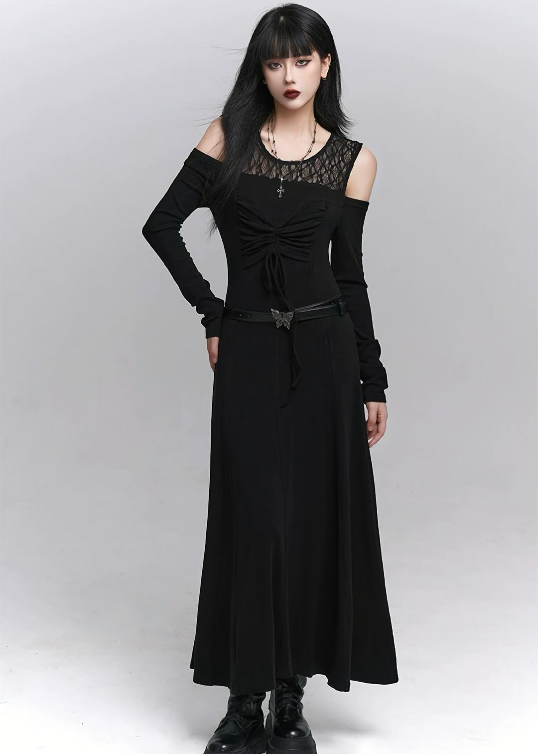 Lace-up Sheer Sleeve Long Dress / lg1336_e4r