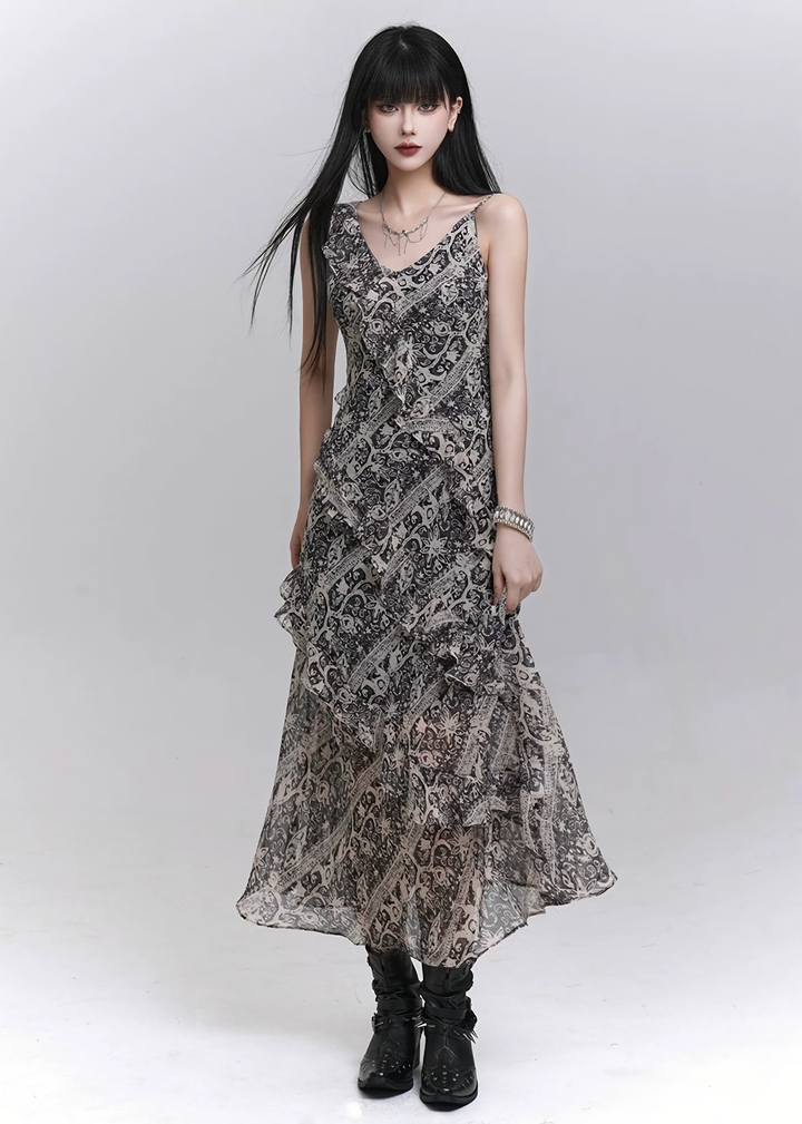 Grey tie-dye x tulle drape dress / lg1312 
