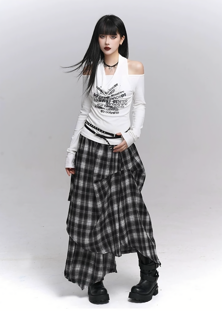 Asymmetry Check Maxi Skirt / lg1371