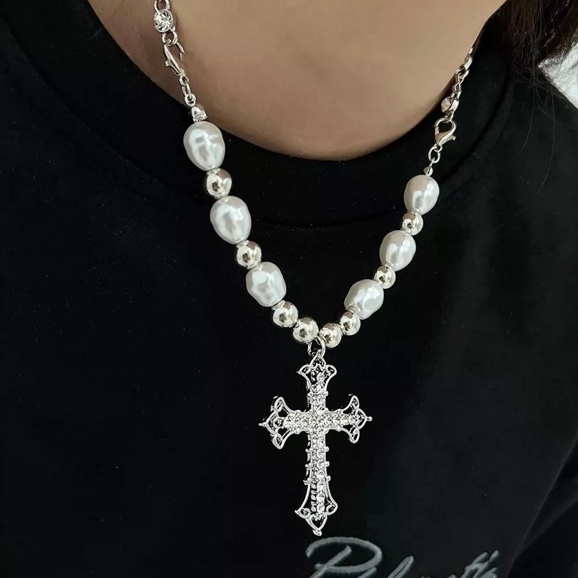MULTI PEARL CROSS NECKLACE / A1150