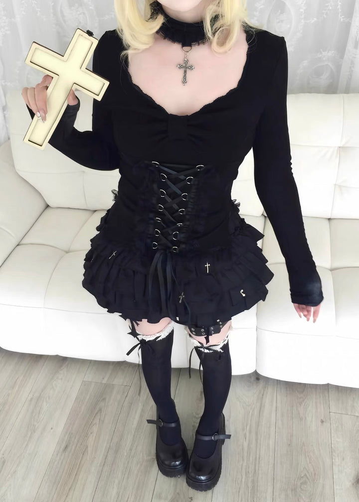 GOTHIC RIBBON CORSET LONG SLEEVE TOP / LG1676