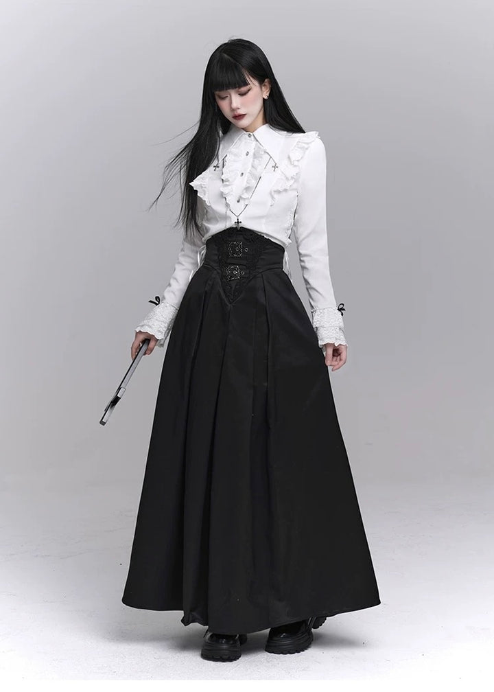 frill blouse & high waist pleated long skirt / LG1224