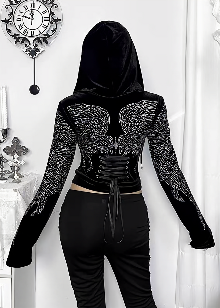 DARK RHINESTONE WING HOODED JACKET / LG1673