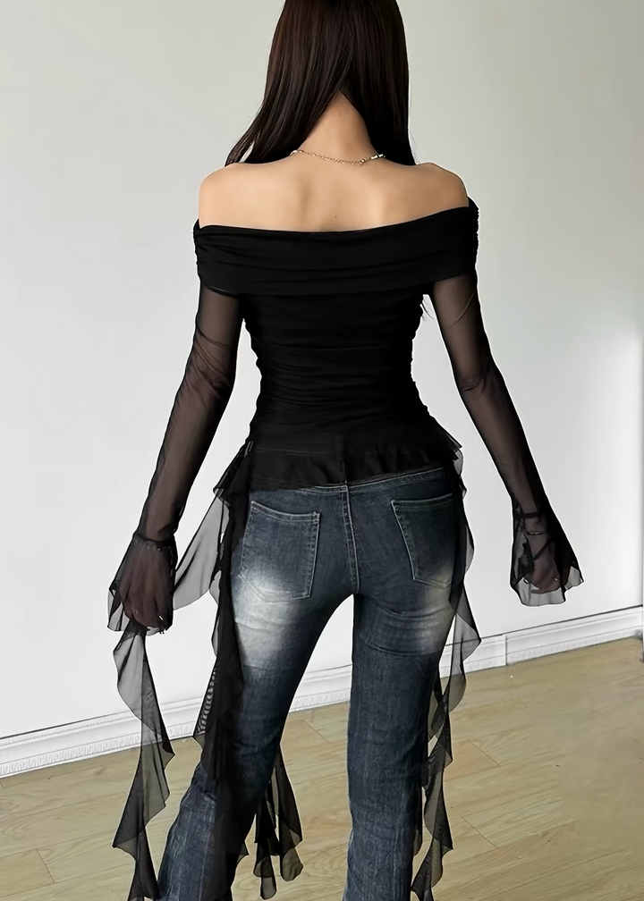 DARK OFF-SHOULDER SHEER FRILL TOP / LG1646