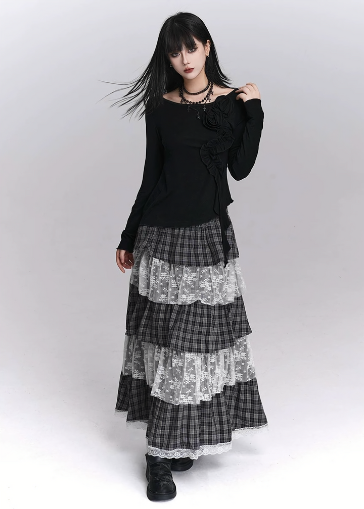 TIERED CHECK LACE LONG SKIRT/LG1415