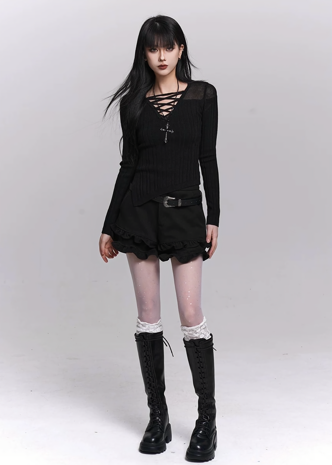 LACE-UP V-NECK KNIT TOP / LG1497