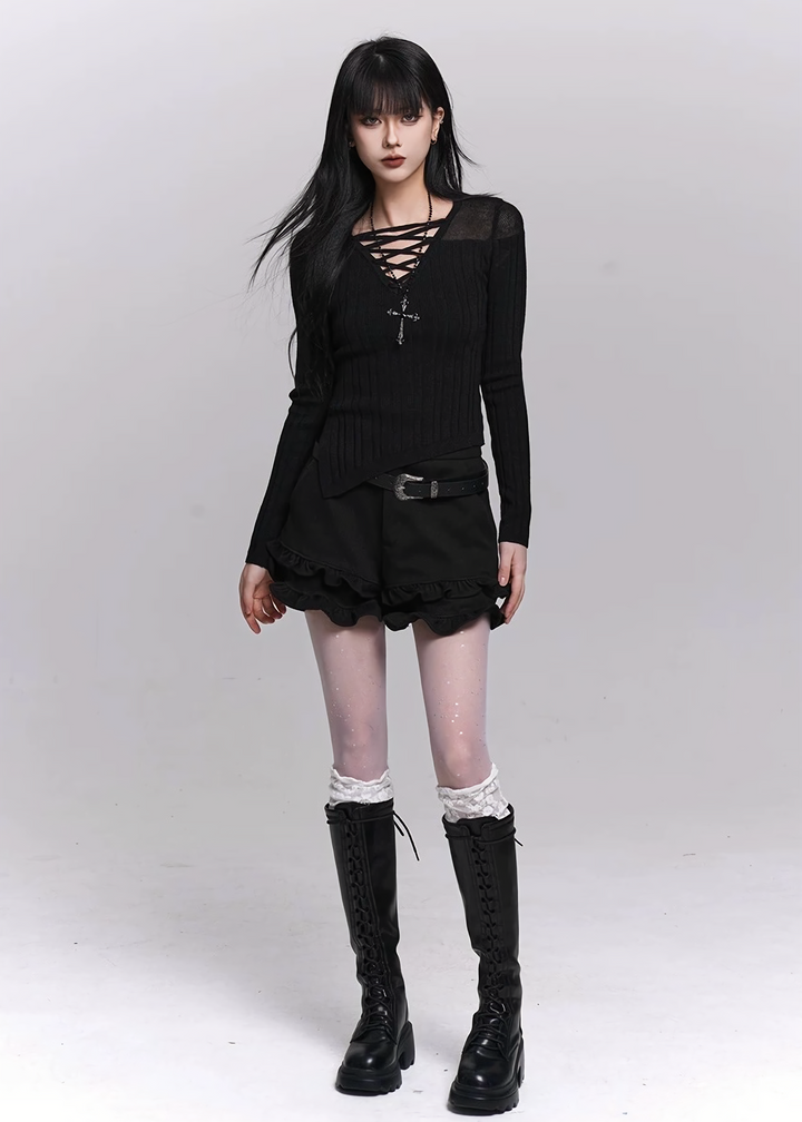 LACE-UP V-NECK KNIT TOP / LG1497