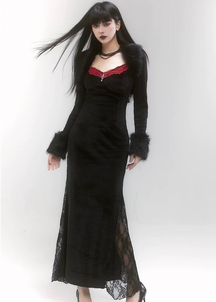 velvet black dress &amp; cropped fur jacket / LG1211
