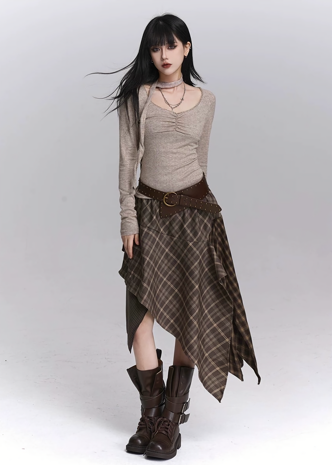 ASYMMETRY CHECK DRAPE SKIRT / LG1447