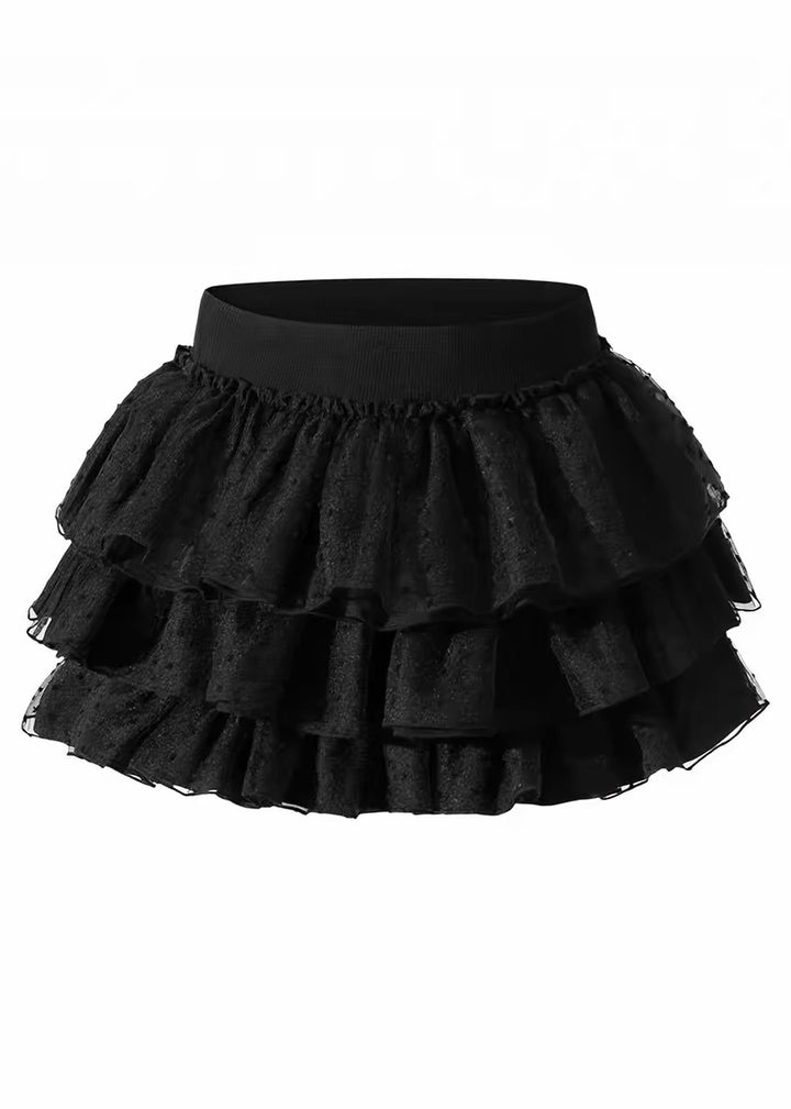 DARK SQUARE NECK PUFF SLEEVE TOP &amp; DOT TIERED MINI SKIRT / LG1678