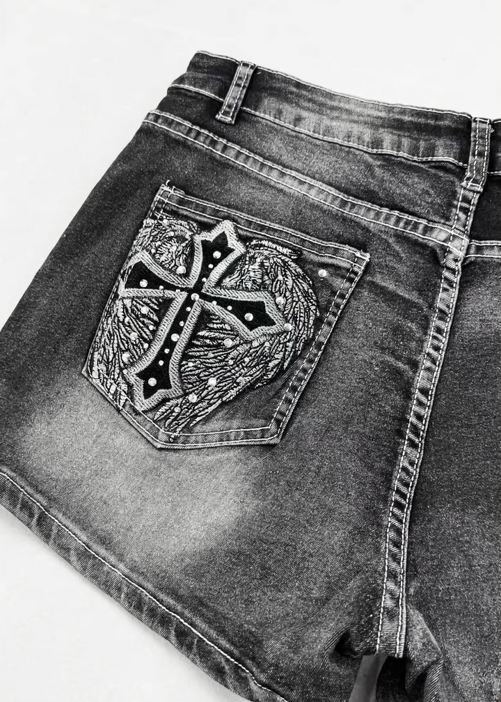 CROSS EMBROIDERY DENIM SHORT PANTS / LG1619_E4R